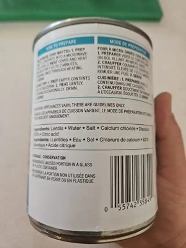 Lentilles ingredients label