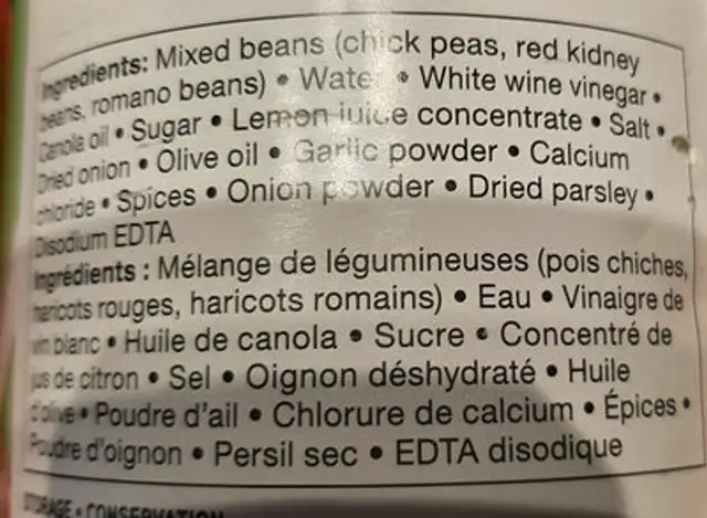 Marinated three bean salad ingredients label