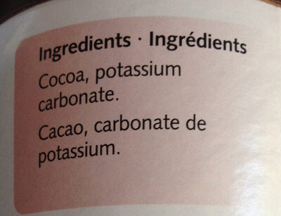Cocoa ingredients label