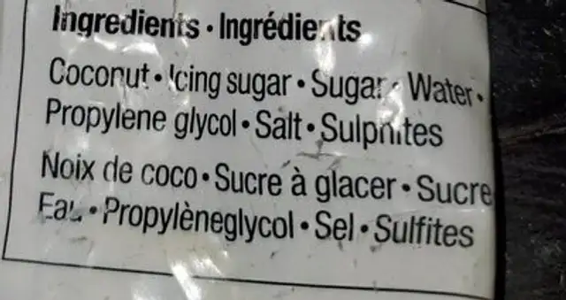 sweetened coconut ingredients label