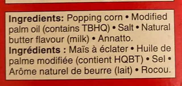 Popcorn ingredients label