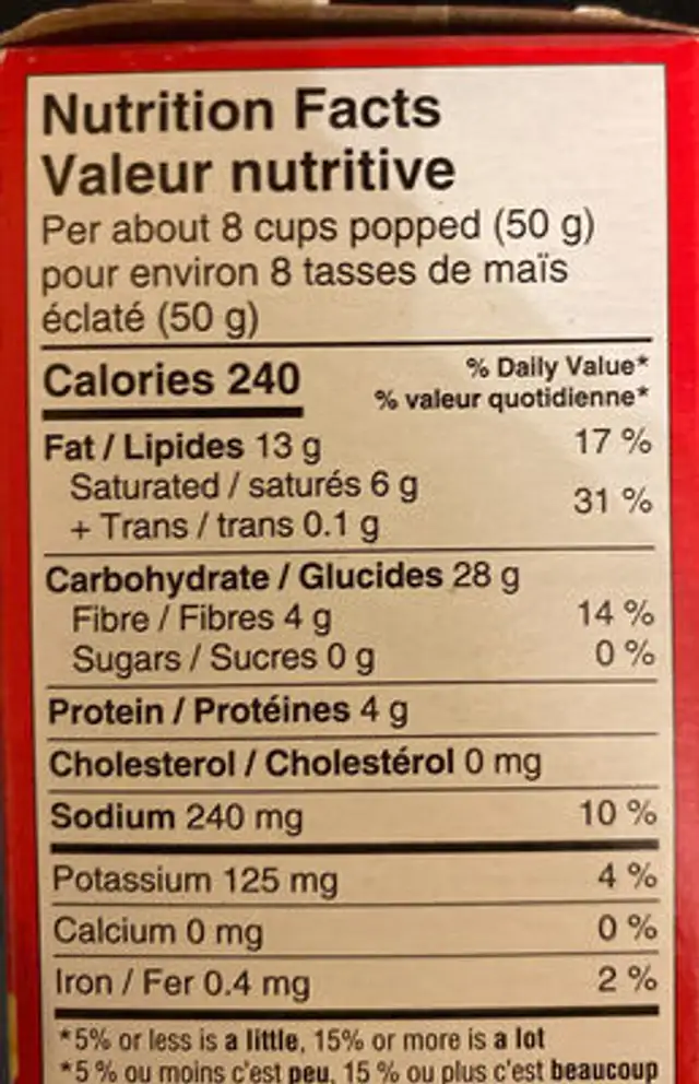 Popcorn nutrition facts table
