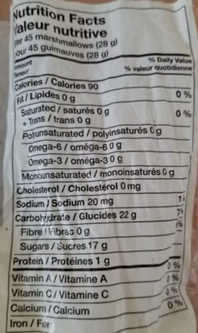 Mini marshmallows nutrition facts table