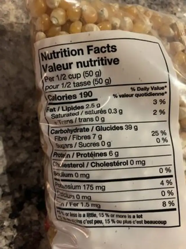 Popping corn nutrition facts table