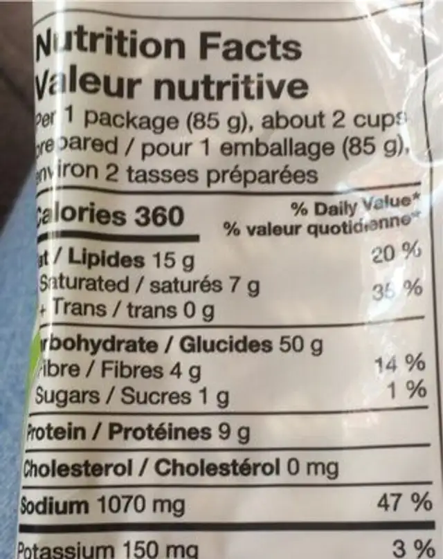 Vegetable flavour instant noodles nutrition facts table