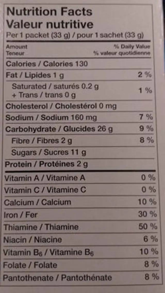 Apple Cinnamon Oatmeal nutrition facts table
