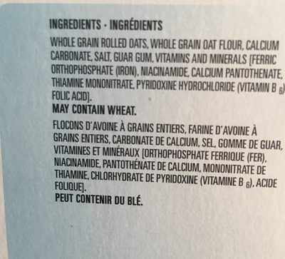 Regular instant oatmeal ingredients label