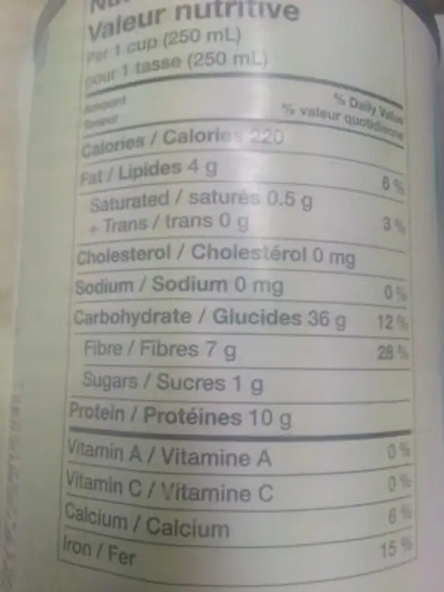 Pois chiches ingredients label
