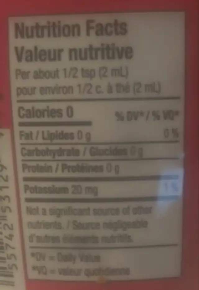 Fruit Punch Flavour Zaz nutrition facts table