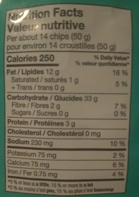 Restaurant Style Tortilla Chips nutrition facts table