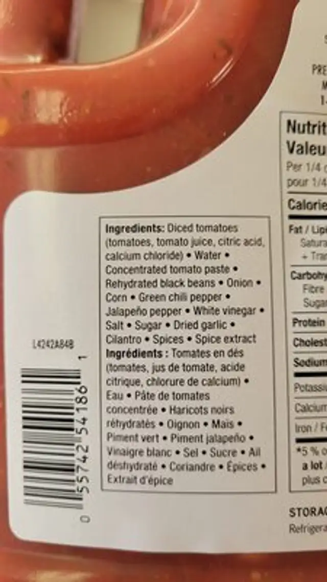 salsa ingredients label
