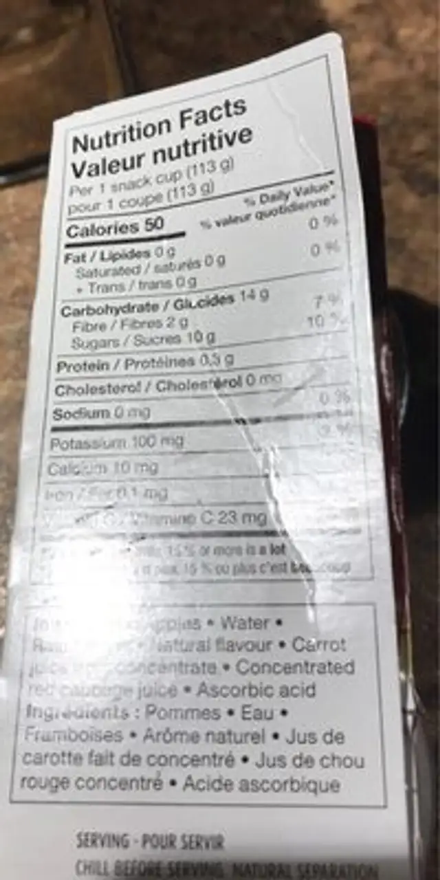 Collation pomme et framboise nutrition facts table