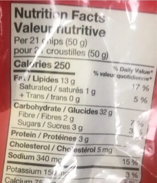 Nachos nutrition facts table