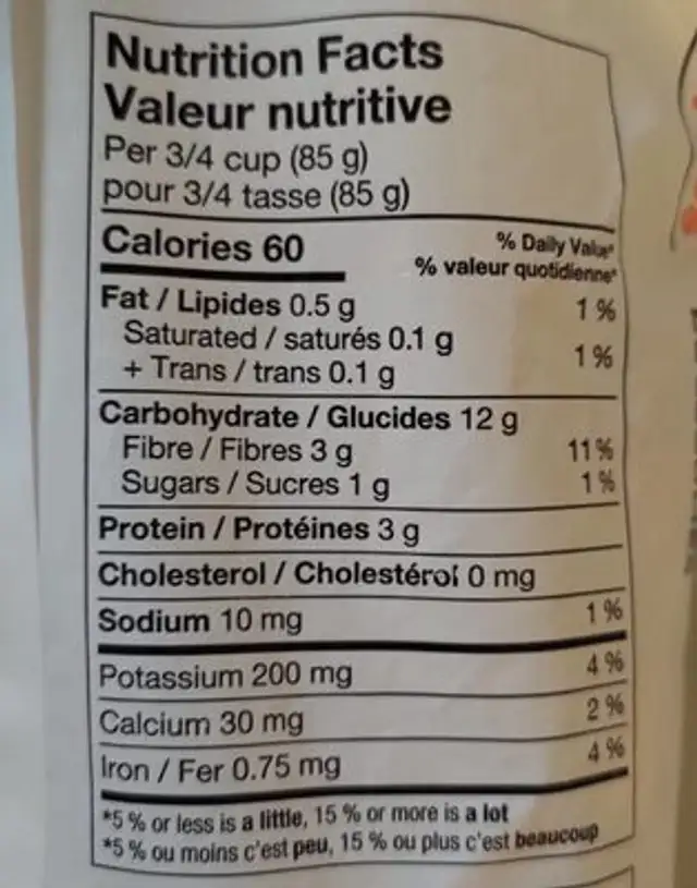 Mixed Vegetables nutrition facts table