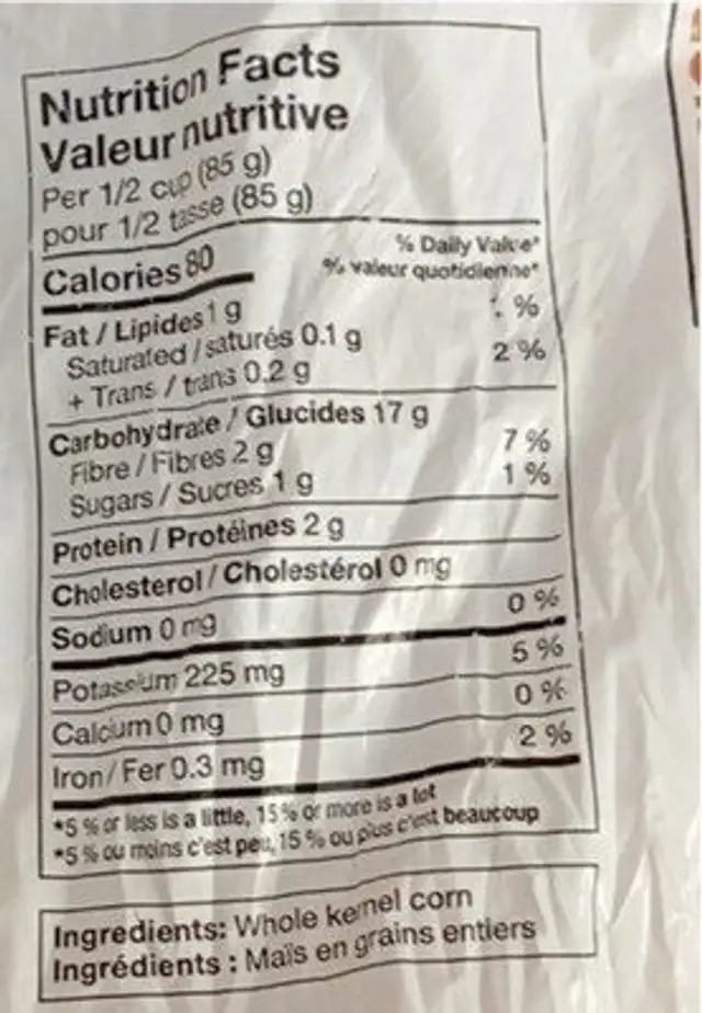 Mais en grain entier nutrition facts table