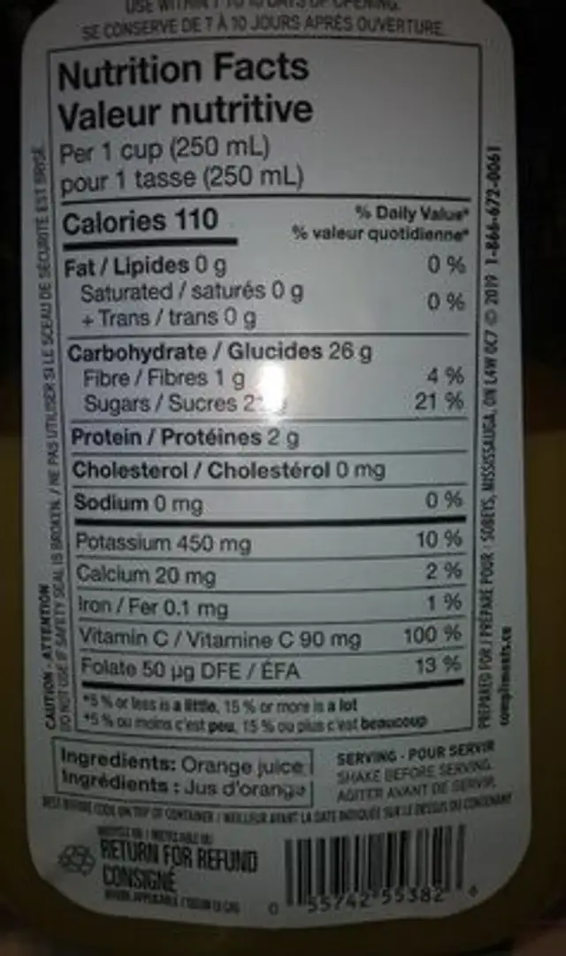 Jus orange avec pulpe nutrition facts table
