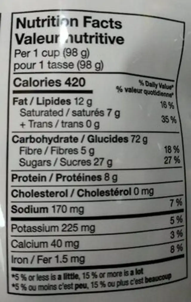 Mixed Berry Granola nutrition facts table