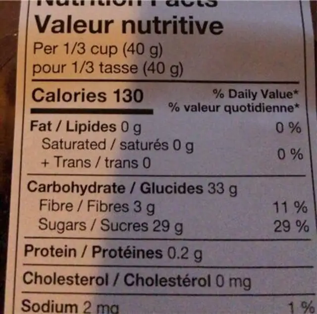 canneberges déshydratées nutrition facts table