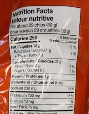 Potato Chips nutrition facts table