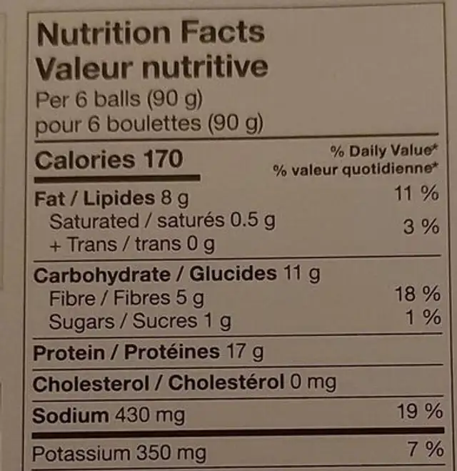 Meatless Italian-style Meatballs nutrition facts table