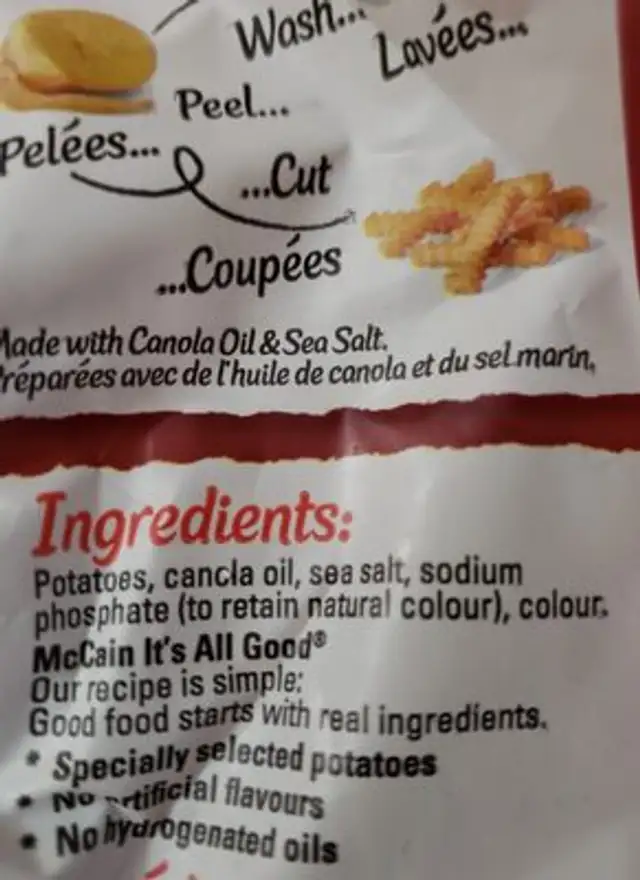 Superfries crinkle cut ingredients label
