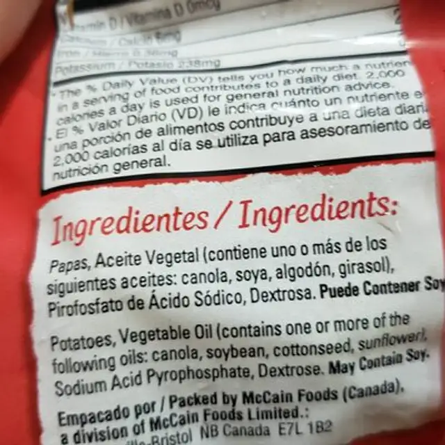 papas a la francesa ingredients label