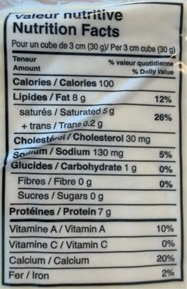 Fromage à âte ferme non affiné nutrition facts table