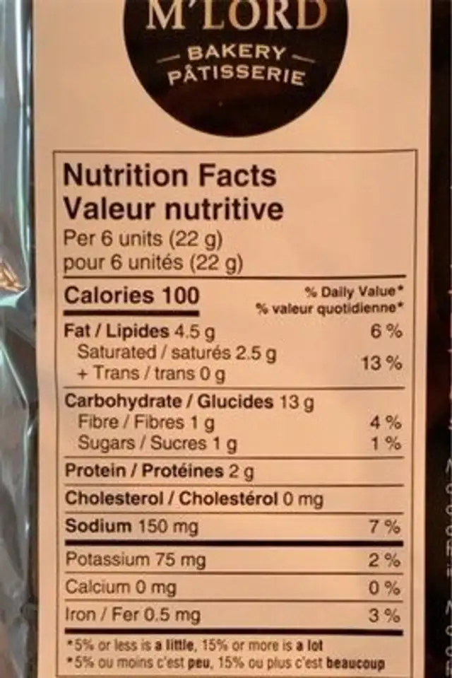 Patisserie nutrition facts table