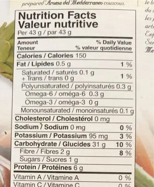 Couscous nutrition facts table