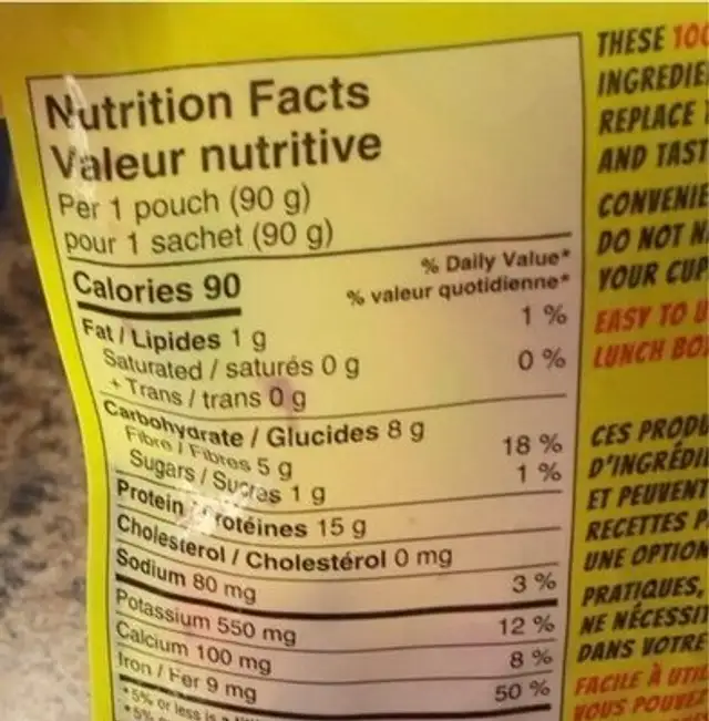 Veggie fillets nutrition facts table