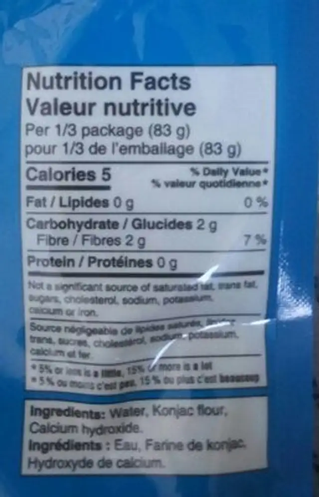 Konjac nutrition facts table