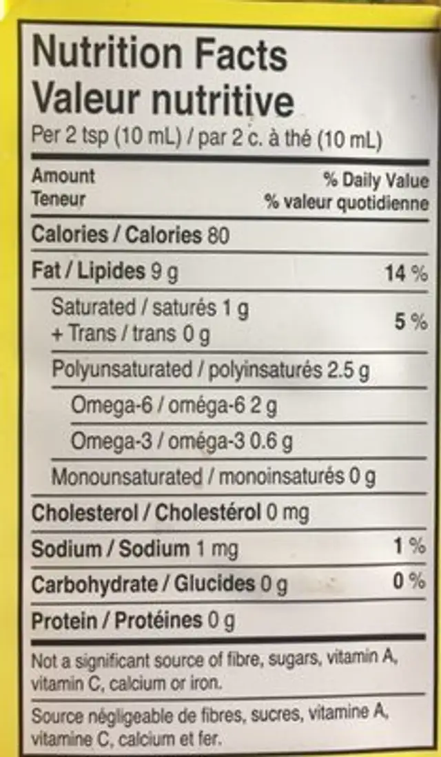 PurOliva nutrition facts table