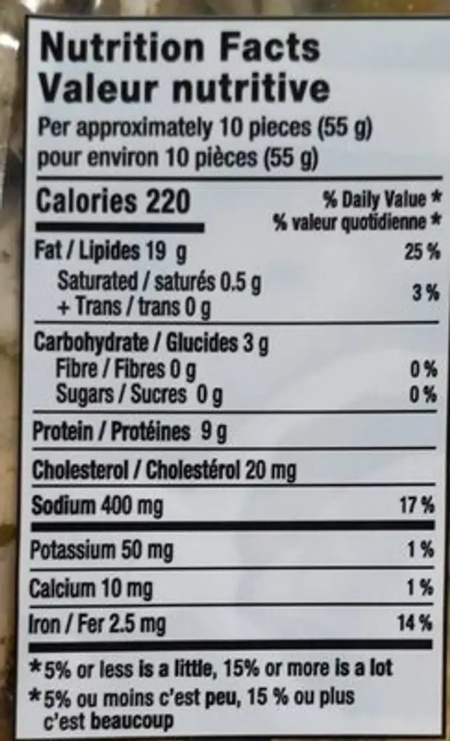 Herb  garlic marinated mussels nutrition facts table
