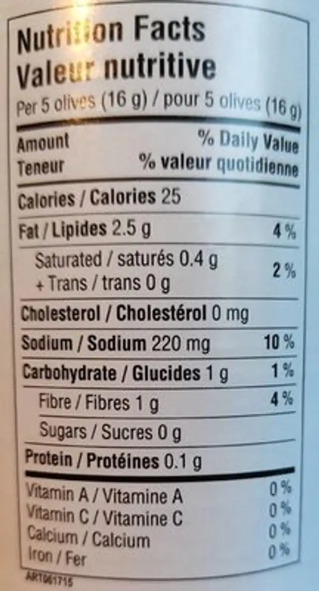 Stuffed Manzanilla Farcies nutrition facts table