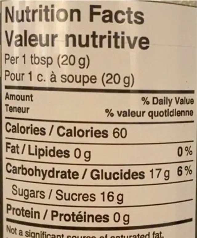 Miel nutrition facts table