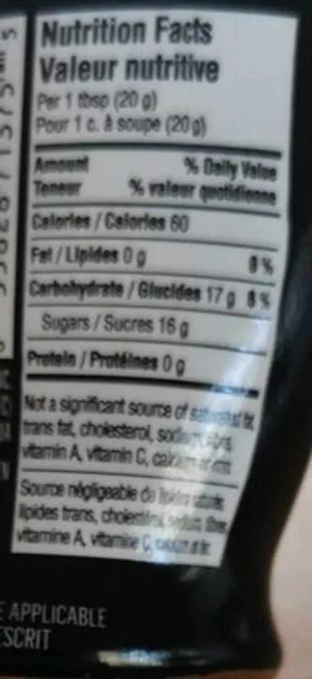 Miel du Canada nutrition facts table