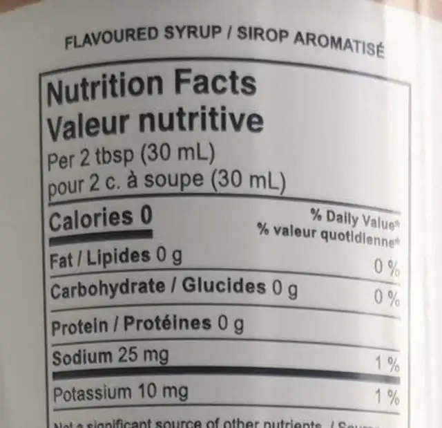 Barista style coffee syrups nutrition facts table