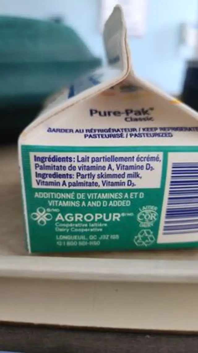 Lait 2% ingredients label