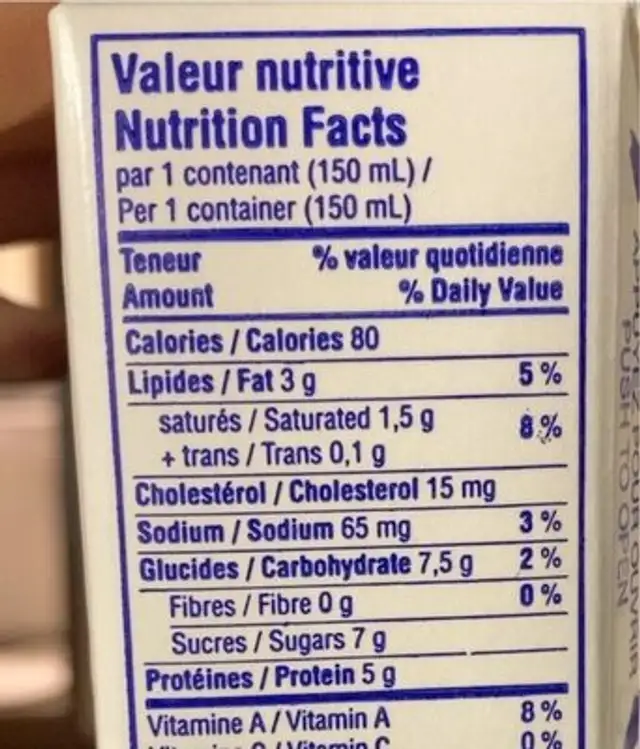 Lait 2% nutrition facts table