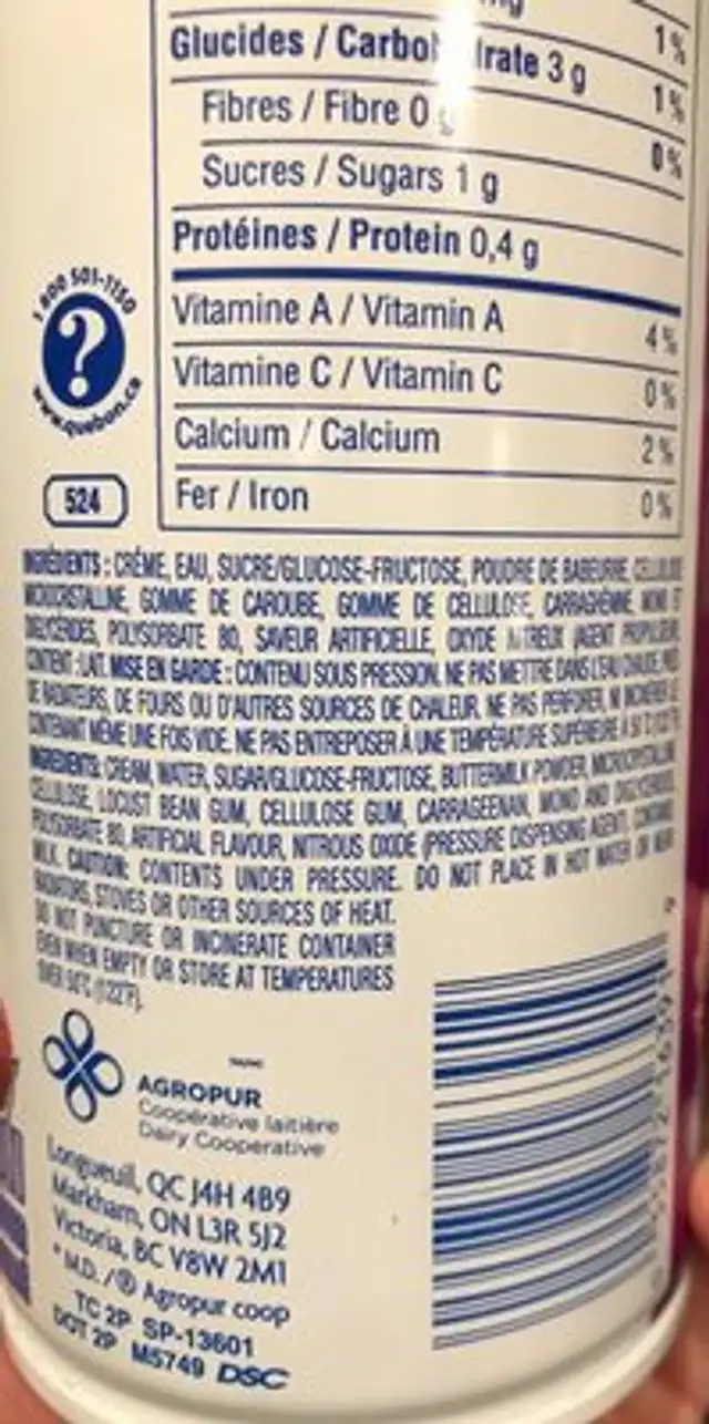 Real whipped cream ingredients label