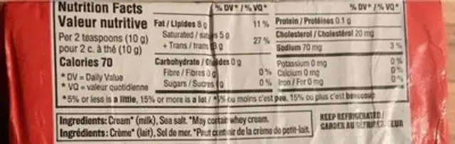 Beurre salé nutrition facts table