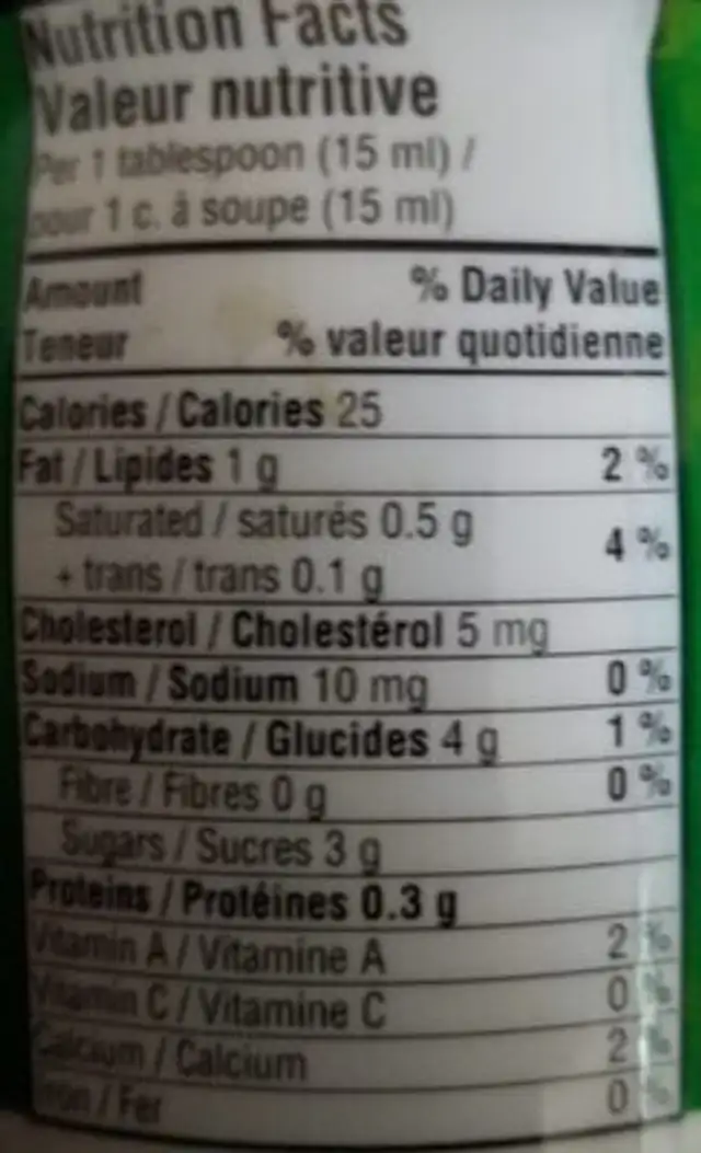 Crème à café nutrition facts table