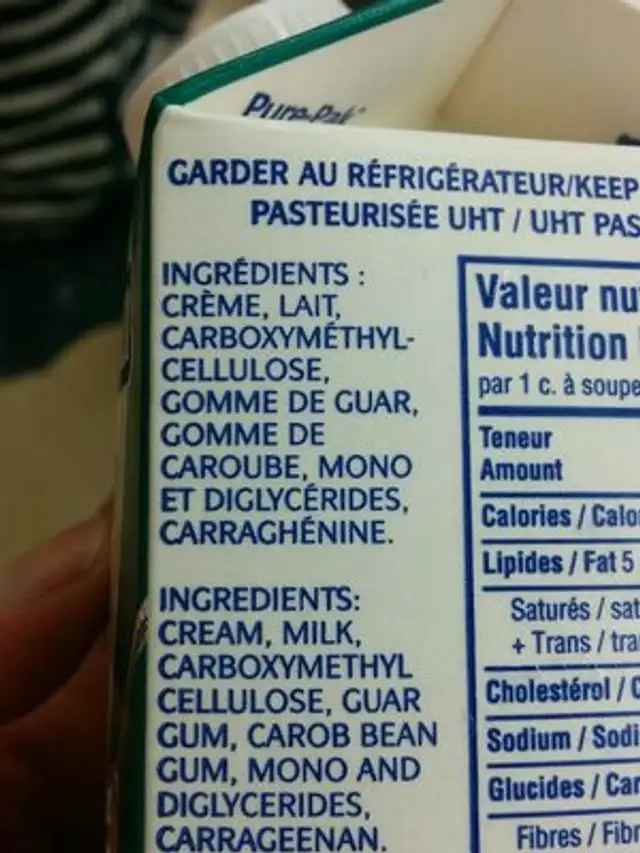 Quebon ultra cream cooking cream ingredients label