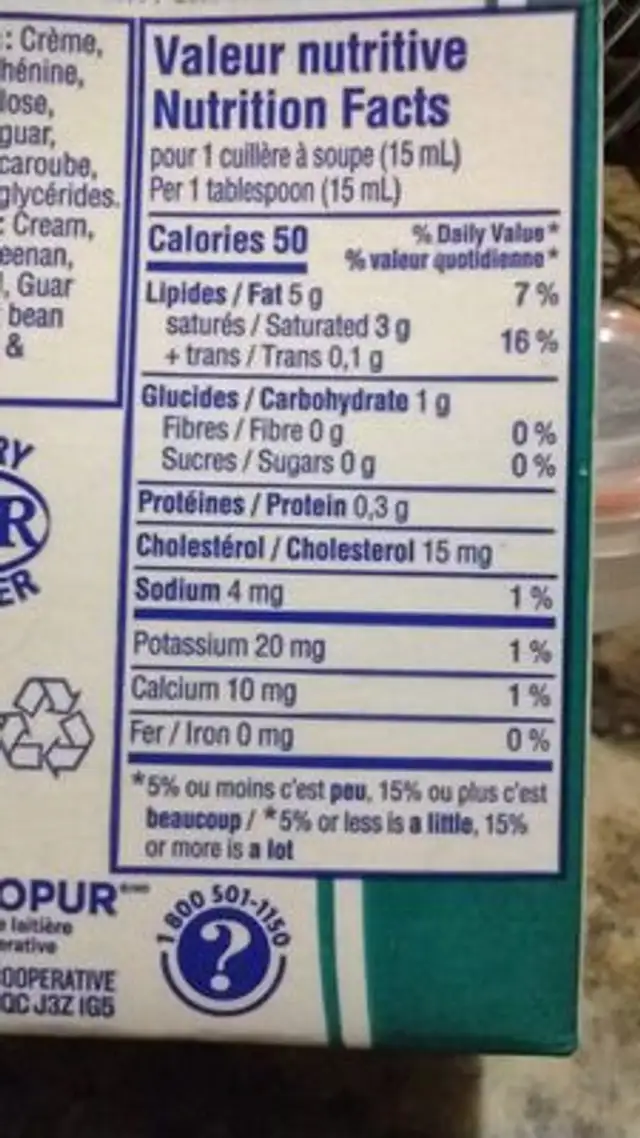 Quebon ultra cream cooking cream nutrition facts table