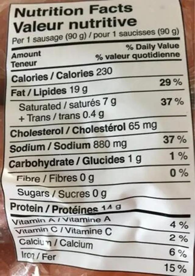 Barvarian Smokies Cheddar nutrition facts table