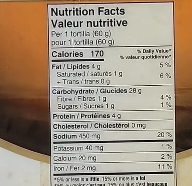 Flour tortillas nutrition facts table