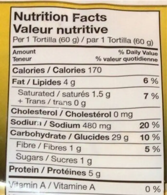 Tortilla wraps nutrition facts table