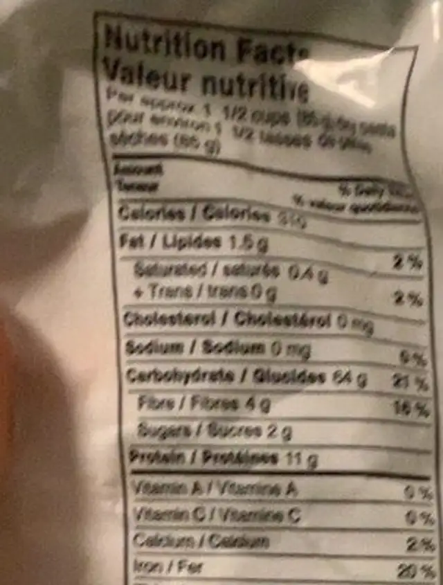 Large shells nutrition facts table