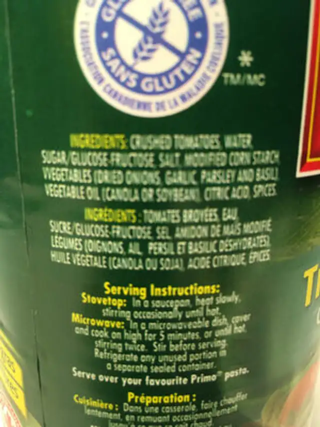 thick and zesty pasta sauce ingredients label