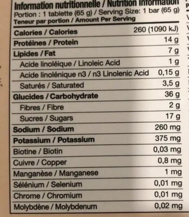 Barre Granola et pepites de chocolat nutrition facts table